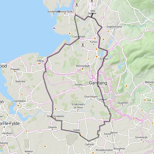 Map miniature of "Garstang Loop" cycling inspiration in Lancashire, United Kingdom. Generated by Tarmacs.app cycling route planner