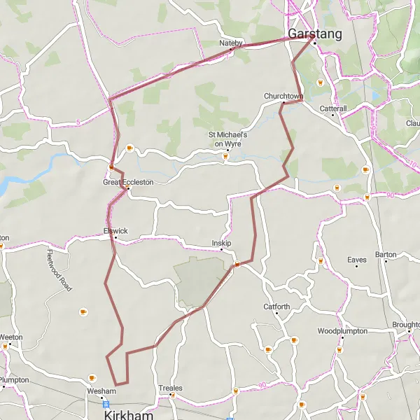 Map miniature of "The Garstang Gravel Adventure" cycling inspiration in Lancashire, United Kingdom. Generated by Tarmacs.app cycling route planner