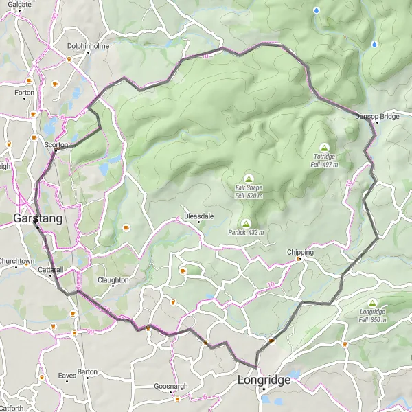 Map miniature of "The Lancashire Road Expedition" cycling inspiration in Lancashire, United Kingdom. Generated by Tarmacs.app cycling route planner