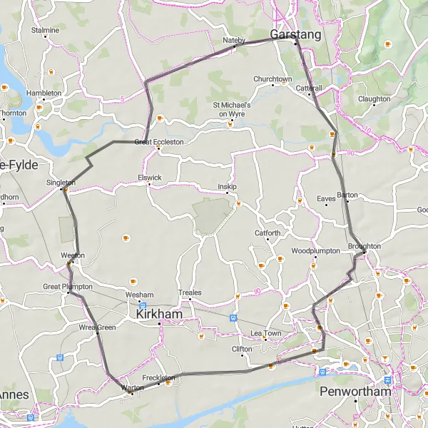 Map miniature of "Garstang to Little Eccleston Route" cycling inspiration in Lancashire, United Kingdom. Generated by Tarmacs.app cycling route planner