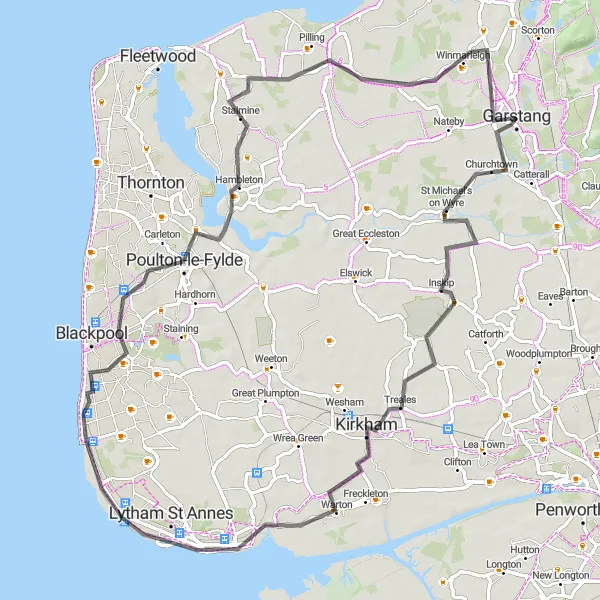 Map miniature of "Garstang to Winmarleigh Ride" cycling inspiration in Lancashire, United Kingdom. Generated by Tarmacs.app cycling route planner