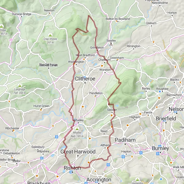 Map miniature of "Ribble Valley and Whalley Abbey" cycling inspiration in Lancashire, United Kingdom. Generated by Tarmacs.app cycling route planner