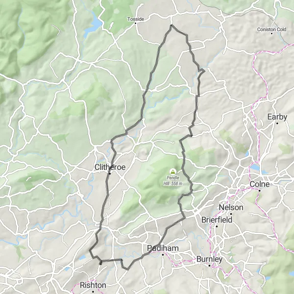 Map miniature of "Whalley Nab and Ribble Valley" cycling inspiration in Lancashire, United Kingdom. Generated by Tarmacs.app cycling route planner