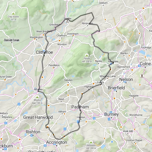 Map miniature of "The Clitheroe Circuit" cycling inspiration in Lancashire, United Kingdom. Generated by Tarmacs.app cycling route planner