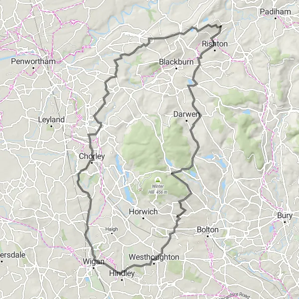 Map miniature of "From Great Harwood to the Hills" cycling inspiration in Lancashire, United Kingdom. Generated by Tarmacs.app cycling route planner