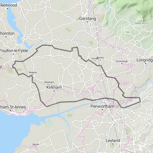 Map miniature of "Great Eccleston Loop" cycling inspiration in Lancashire, United Kingdom. Generated by Tarmacs.app cycling route planner