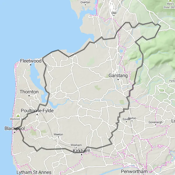 Map miniature of "The Ultimate Lancashire Road Adventure" cycling inspiration in Lancashire, United Kingdom. Generated by Tarmacs.app cycling route planner