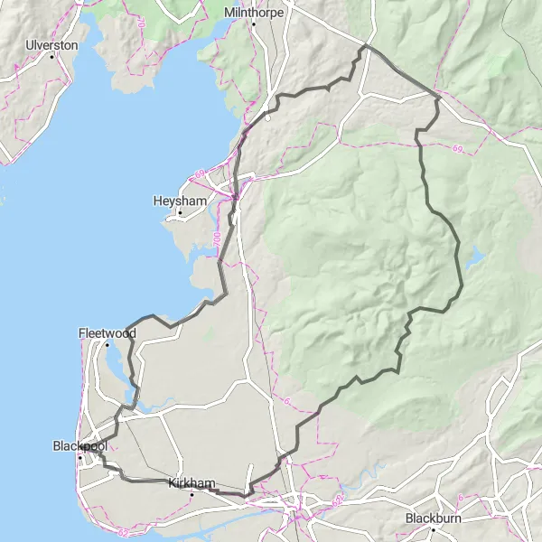 Map miniature of "Lancaster and Kirkby Lonsdale Loop" cycling inspiration in Lancashire, United Kingdom. Generated by Tarmacs.app cycling route planner