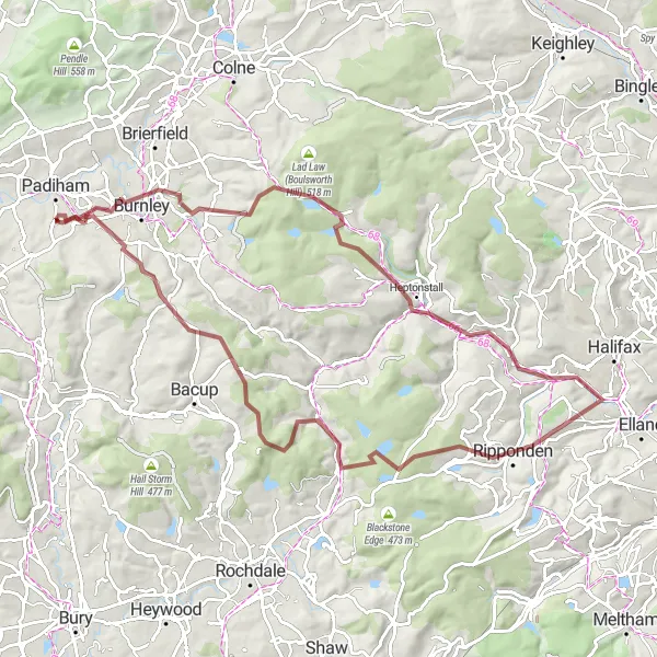 Map miniature of "Exploring the Moorlands" cycling inspiration in Lancashire, United Kingdom. Generated by Tarmacs.app cycling route planner