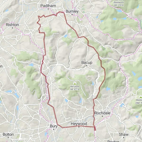 Map miniature of "Heywood and Haslingden" cycling inspiration in Lancashire, United Kingdom. Generated by Tarmacs.app cycling route planner