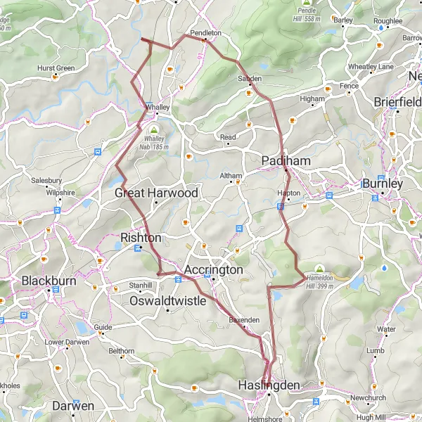 Map miniature of "Whalley Gravel Adventure" cycling inspiration in Lancashire, United Kingdom. Generated by Tarmacs.app cycling route planner