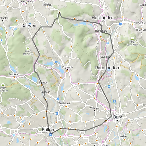 Map miniature of "The Bolton Loop" cycling inspiration in Lancashire, United Kingdom. Generated by Tarmacs.app cycling route planner