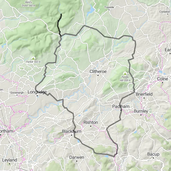 Map miniature of "The Blackburn Loop" cycling inspiration in Lancashire, United Kingdom. Generated by Tarmacs.app cycling route planner