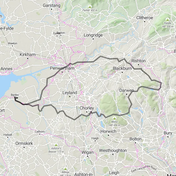 Map miniature of "The Chorley Loop" cycling inspiration in Lancashire, United Kingdom. Generated by Tarmacs.app cycling route planner