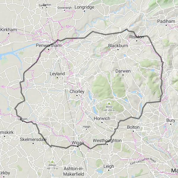 Map miniature of "Countryside Ramble" cycling inspiration in Lancashire, United Kingdom. Generated by Tarmacs.app cycling route planner