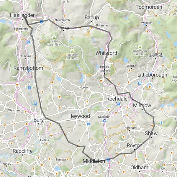 Map miniature of "Bacup Loop" cycling inspiration in Lancashire, United Kingdom. Generated by Tarmacs.app cycling route planner