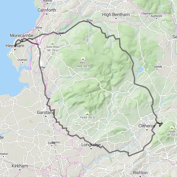 Map miniature of "Morecambe Bay Adventure" cycling inspiration in Lancashire, United Kingdom. Generated by Tarmacs.app cycling route planner