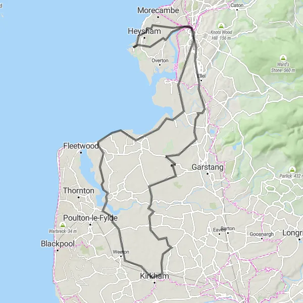 Map miniature of "Kirkham to Treales Road Ride" cycling inspiration in Lancashire, United Kingdom. Generated by Tarmacs.app cycling route planner