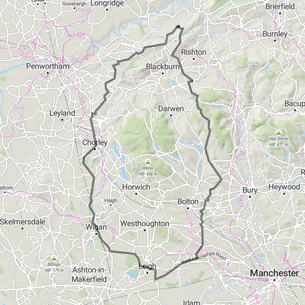 Map miniature of "Belthorn, Edgworth and Farnworth" cycling inspiration in Lancashire, United Kingdom. Generated by Tarmacs.app cycling route planner