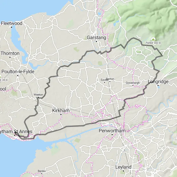 Map miniature of "Picturesque Road Route: Lytham St Annes - Longridge Loop" cycling inspiration in Lancashire, United Kingdom. Generated by Tarmacs.app cycling route planner