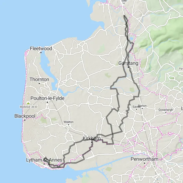 Map miniature of "Lytham St Annes to Bilsborrow Loop" cycling inspiration in Lancashire, United Kingdom. Generated by Tarmacs.app cycling route planner