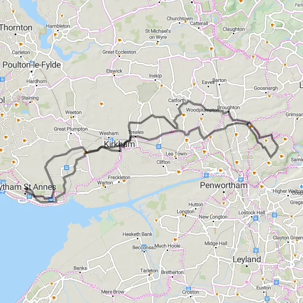 Map miniature of "Rural Road Loop: Lytham St Annes to Kirkham" cycling inspiration in Lancashire, United Kingdom. Generated by Tarmacs.app cycling route planner