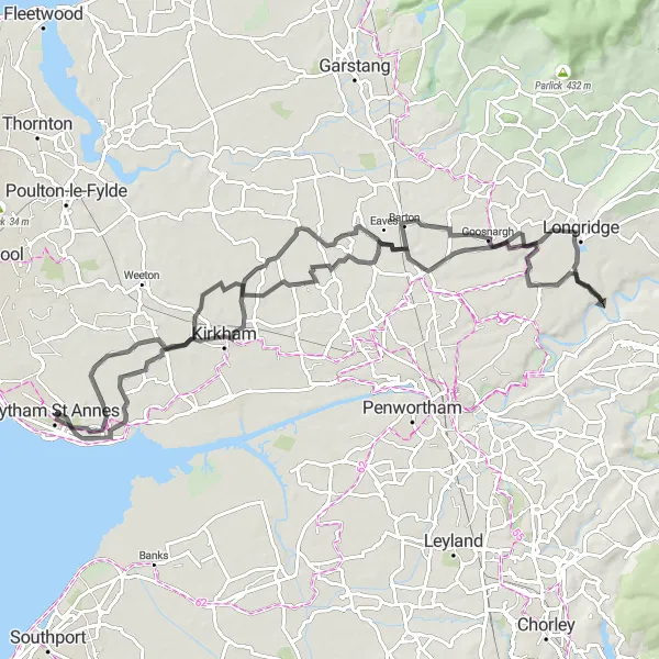 Map miniature of "Lytham St Annes to Wrea Green Loop" cycling inspiration in Lancashire, United Kingdom. Generated by Tarmacs.app cycling route planner