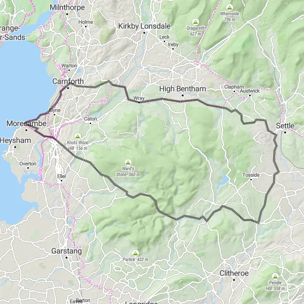 Map miniature of "Challenging Road Loop featuring Stunning Hills and Scenic viewpoints" cycling inspiration in Lancashire, United Kingdom. Generated by Tarmacs.app cycling route planner