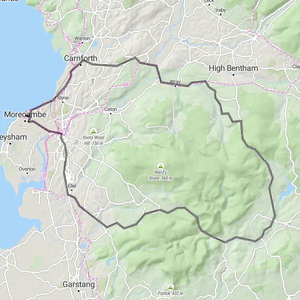 Map miniature of "Scenic Road Loop from Morecambe to Slaidburn" cycling inspiration in Lancashire, United Kingdom. Generated by Tarmacs.app cycling route planner