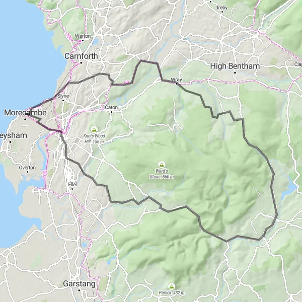 Map miniature of "Challenging Hill Climbs" cycling inspiration in Lancashire, United Kingdom. Generated by Tarmacs.app cycling route planner