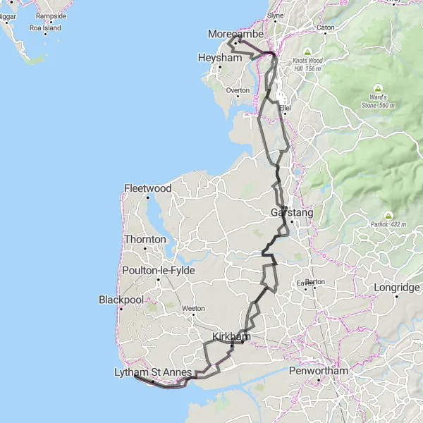 Map miniature of "Classic Lancaster Road Loop" cycling inspiration in Lancashire, United Kingdom. Generated by Tarmacs.app cycling route planner