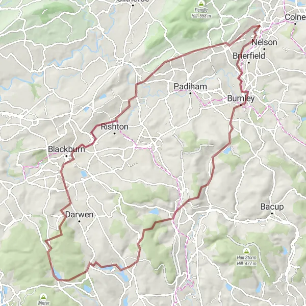 Map miniature of "Darwen & Blackburn Gravel Loop" cycling inspiration in Lancashire, United Kingdom. Generated by Tarmacs.app cycling route planner