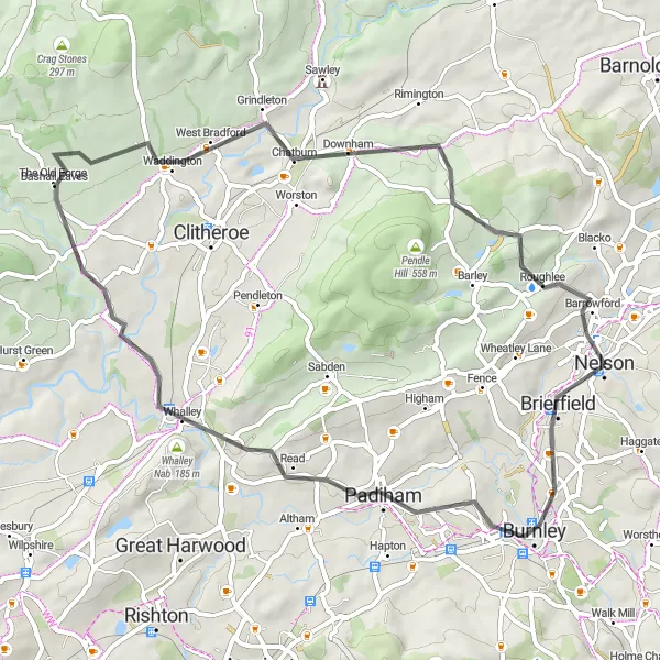 Map miniature of "Burnley to Nelson Loop" cycling inspiration in Lancashire, United Kingdom. Generated by Tarmacs.app cycling route planner