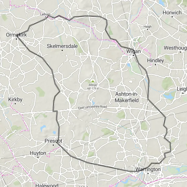 Map miniature of "Warrington Loop" cycling inspiration in Lancashire, United Kingdom. Generated by Tarmacs.app cycling route planner