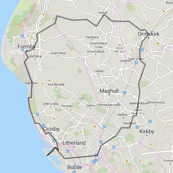 Map miniature of "Melling Mount and Bootle Road Cycling Route" cycling inspiration in Lancashire, United Kingdom. Generated by Tarmacs.app cycling route planner