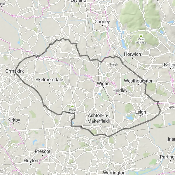 Map miniature of "Burscough and Wrightington Road Cycling Route" cycling inspiration in Lancashire, United Kingdom. Generated by Tarmacs.app cycling route planner