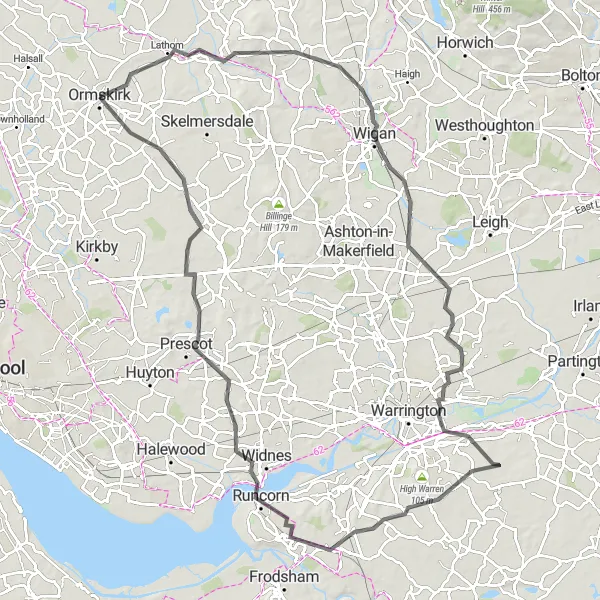 Map miniature of "Cheshire Wanderer" cycling inspiration in Lancashire, United Kingdom. Generated by Tarmacs.app cycling route planner