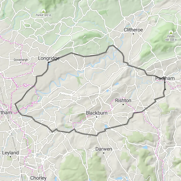 Map miniature of "Padiham Loop Ride" cycling inspiration in Lancashire, United Kingdom. Generated by Tarmacs.app cycling route planner