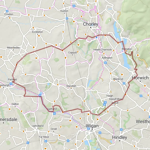 Map miniature of "The Gravel Escape" cycling inspiration in Lancashire, United Kingdom. Generated by Tarmacs.app cycling route planner