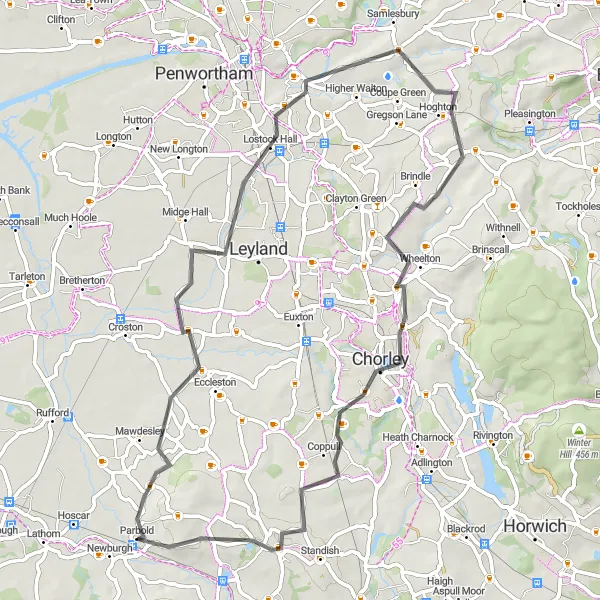 Map miniature of "Chorley Challenge" cycling inspiration in Lancashire, United Kingdom. Generated by Tarmacs.app cycling route planner