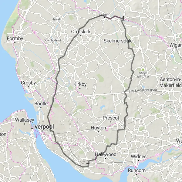 Map miniature of "The Lancashire Royal Ride" cycling inspiration in Lancashire, United Kingdom. Generated by Tarmacs.app cycling route planner