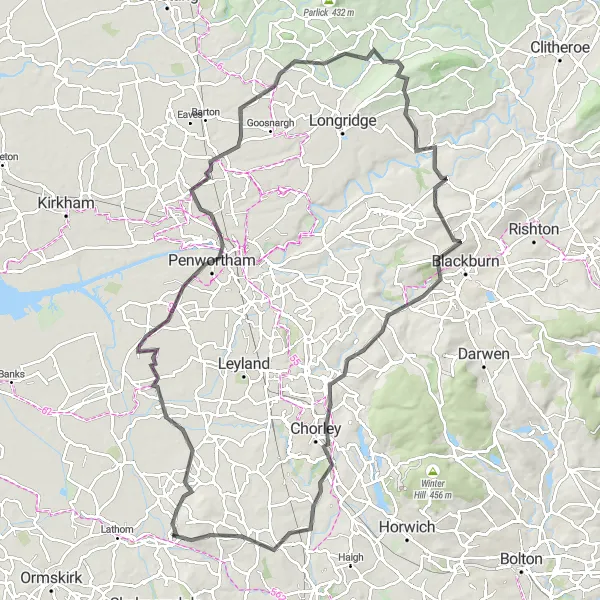 Map miniature of "The Lancashire Hundred" cycling inspiration in Lancashire, United Kingdom. Generated by Tarmacs.app cycling route planner