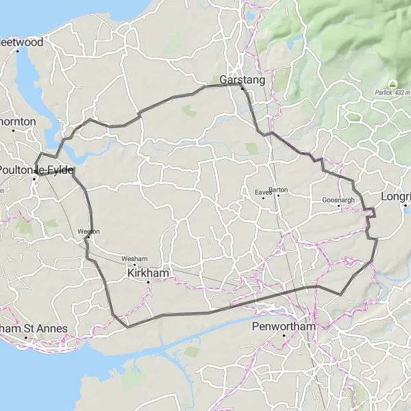 Map miniature of "The Ribble Valley Ride" cycling inspiration in Lancashire, United Kingdom. Generated by Tarmacs.app cycling route planner
