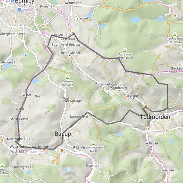 Map miniature of "The Todmorden Moor Loop" cycling inspiration in Lancashire, United Kingdom. Generated by Tarmacs.app cycling route planner