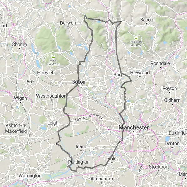 Map miniature of "The Hilly Loop" cycling inspiration in Lancashire, United Kingdom. Generated by Tarmacs.app cycling route planner