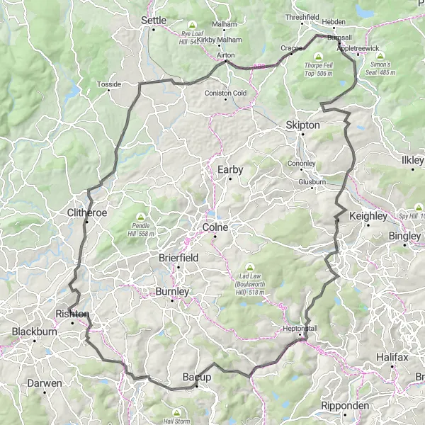 Map miniature of "Rishton to Clitheroe Epic Adventure" cycling inspiration in Lancashire, United Kingdom. Generated by Tarmacs.app cycling route planner