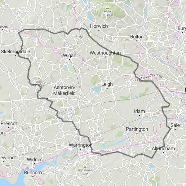 Map miniature of "The Parbold Circuit" cycling inspiration in Lancashire, United Kingdom. Generated by Tarmacs.app cycling route planner