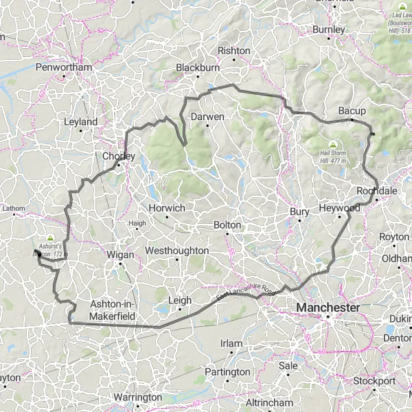 Map miniature of "The Lancashire Adventure" cycling inspiration in Lancashire, United Kingdom. Generated by Tarmacs.app cycling route planner