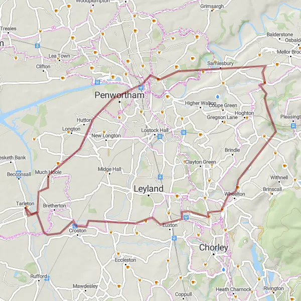 Map miniature of "The Preston Gravel Adventure" cycling inspiration in Lancashire, United Kingdom. Generated by Tarmacs.app cycling route planner