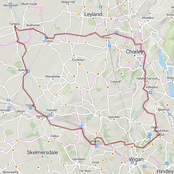 Map miniature of "Tarleton Gravel Loop" cycling inspiration in Lancashire, United Kingdom. Generated by Tarmacs.app cycling route planner